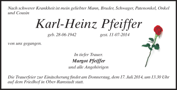 Traueranzeige von Karl-Heinz Pfeiffer von Darmstädter Echo, Odenwälder Echo, Rüsselsheimer Echo, Groß-Gerauer-Echo, Ried Echo