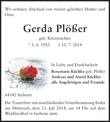 Traueranzeige von Gerda Plößer von Echo-Zeitungen (Gesamtausgabe)