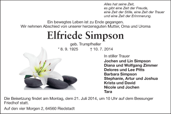 Traueranzeige von Elfriede Simpson von Echo-Zeitungen (Gesamtausgabe)