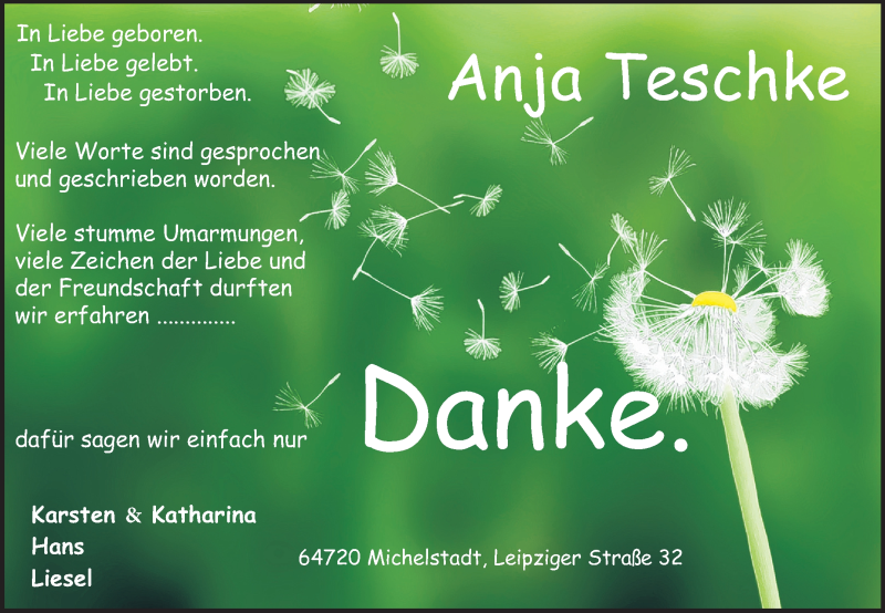  Traueranzeige für Anja Teschke vom 19.07.2014 aus Odenwälder Echo