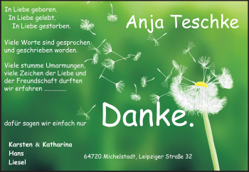 Traueranzeige von Anja Teschke von Odenwälder Echo