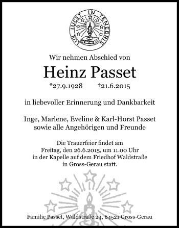 Traueranzeige von Heinz Passet von Echo-Zeitungen (Gesamtausgabe)