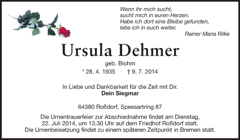 Traueranzeige für Ursula Dehmer vom 19.07.2014 aus Echo-Zeitungen (Gesamtausgabe)