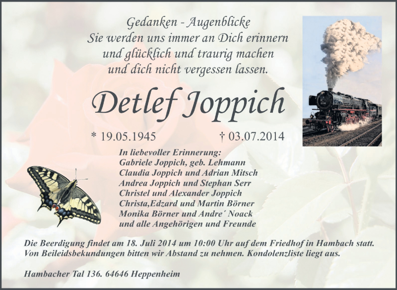  Traueranzeige für Detlef Joppich vom 16.07.2014 aus Starkenburger Echo, Bergsträßer Anzeiger