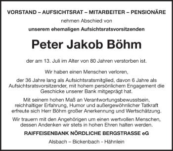 Traueranzeige von Peter Jakob Böhm von Echo-Zeitungen (Gesamtausgabe)