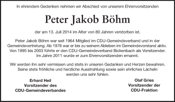 Traueranzeige von Peter Jakob Böhm von Echo-Zeitungen (Gesamtausgabe)
