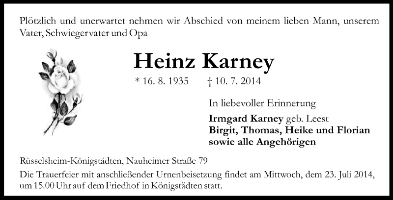  Traueranzeige für Heinz Karney vom 19.07.2014 aus Rüsselsheimer Echo, Groß-Gerauer-Echo, Ried Echo