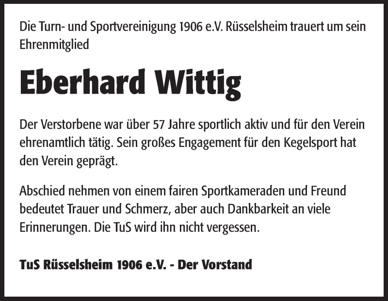  Traueranzeige für Eberhard Wittig vom 18.07.2014 aus Rüsselsheimer Echo, Groß-Gerauer-Echo, Ried Echo