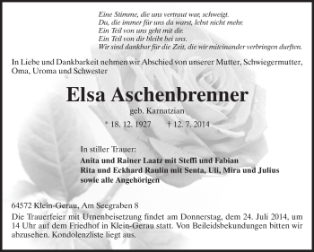 Traueranzeige von Elsa Aschenbrenner von Rüsselsheimer Echo, Groß-Gerauer-Echo, Ried Echo