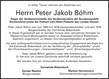 Traueranzeige von Peter Jakob Böhm von Echo-Zeitungen (Gesamtausgabe)