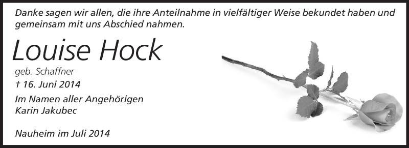  Traueranzeige für Louise Hock vom 19.07.2014 aus Rüsselsheimer Echo, Groß-Gerauer-Echo, Ried Echo