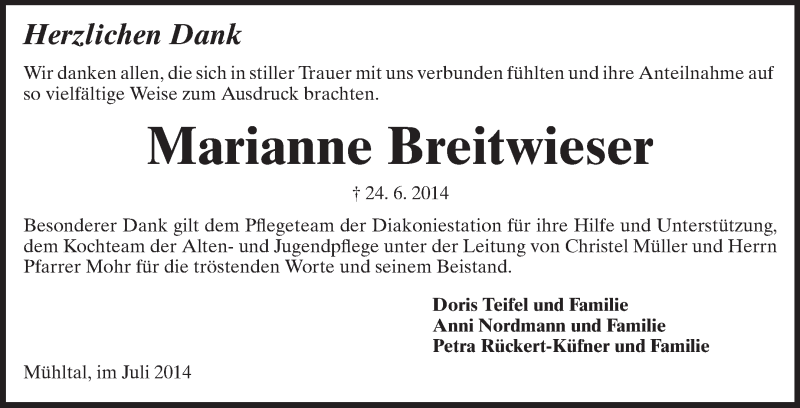  Traueranzeige für Marianne Breitwieser vom 19.07.2014 aus Echo-Zeitungen (Gesamtausgabe)