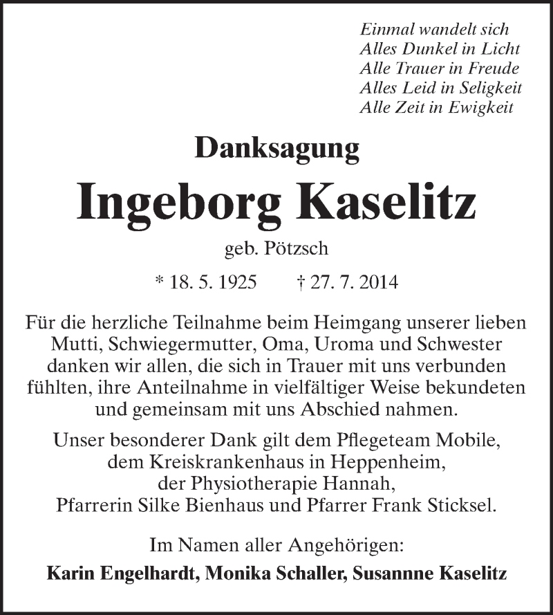  Traueranzeige für Ingeborg Kaselitz vom 18.07.2014 aus Starkenburger Echo