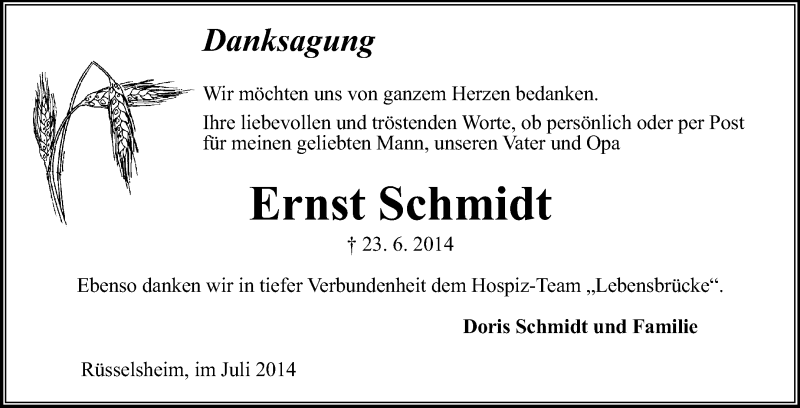  Traueranzeige für Ernst Schmidt vom 19.07.2014 aus Rüsselsheimer Echo, Groß-Gerauer-Echo, Ried Echo