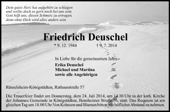 Traueranzeige von Friedrich Deuschel von Rüsselsheimer Echo, Groß-Gerauer-Echo, Ried Echo