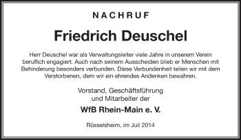 Traueranzeige von Friedrich Deuschel von Rüsselsheimer Echo, Groß-Gerauer-Echo, Ried Echo