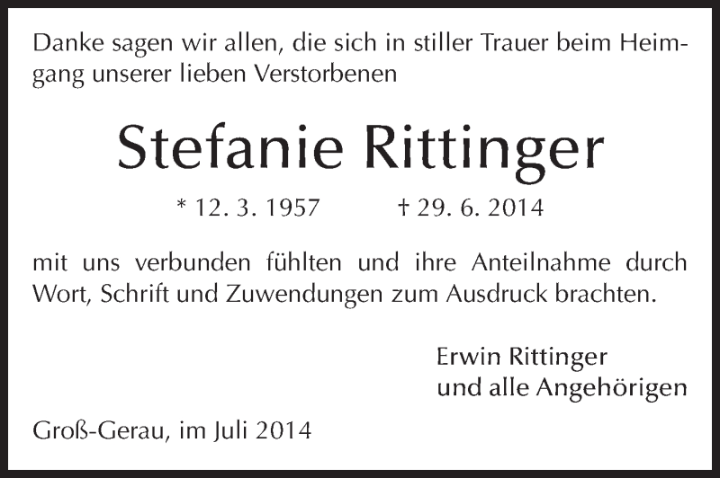  Traueranzeige für Stefanie Rittinger vom 19.07.2014 aus Rüsselsheimer Echo, Groß-Gerauer-Echo, Ried Echo