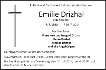 Traueranzeige von Emilie Drizhal von Odenwälder Echo