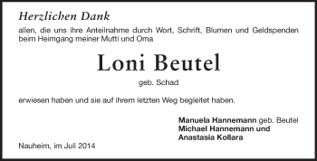 Traueranzeige von Loni Beutel von Rüsselsheimer Echo, Groß-Gerauer-Echo, Ried Echo