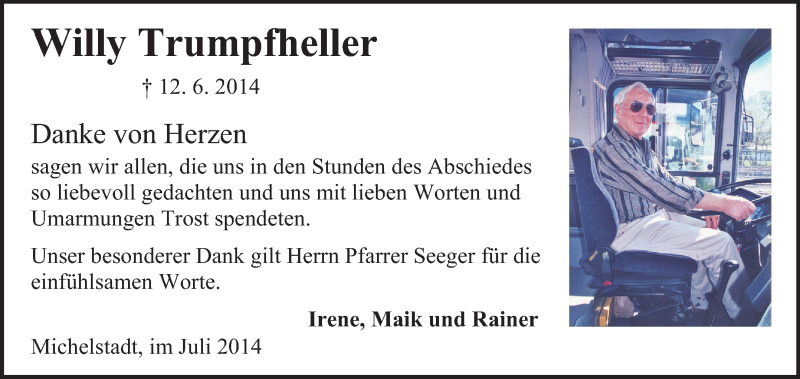  Traueranzeige für Willy Trumpfheller vom 19.07.2014 aus Odenwälder Echo
