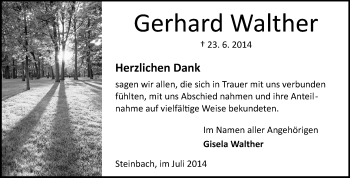 Traueranzeige von Gerhard Walther von Odenwälder Echo