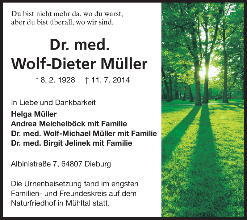  Traueranzeige für Wolf-Dieter Müller vom 21.07.2014 aus Echo-Zeitungen (Gesamtausgabe)