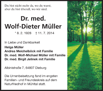 Traueranzeige von Wolf-Dieter Müller von Echo-Zeitungen (Gesamtausgabe)