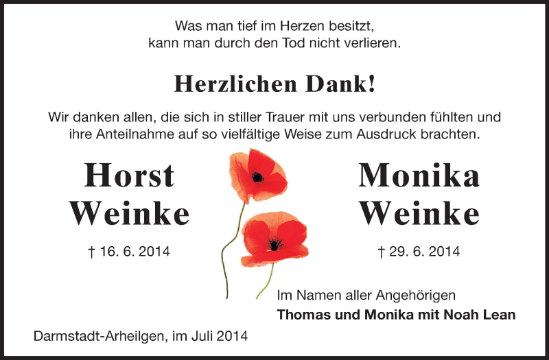  Traueranzeige für Horst und Monika Weinke vom 26.07.2014 aus Echo-Zeitungen (Gesamtausgabe)