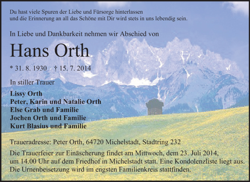  Traueranzeige für Hans Orth vom 21.07.2014 aus Odenwälder Echo