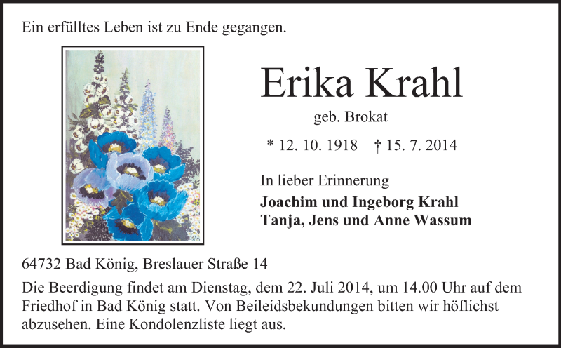  Traueranzeige für Erika Krahl vom 21.07.2014 aus Odenwälder Echo