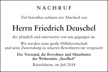 Traueranzeige von Friedrich Deuschel von Rüsselsheimer Echo, Groß-Gerauer-Echo, Ried Echo