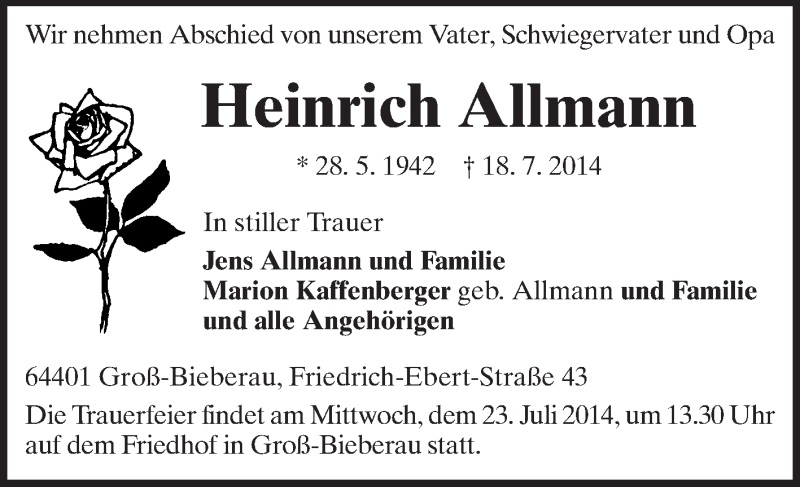  Traueranzeige für Heinrich Allmann vom 21.07.2014 aus Echo-Zeitungen (Gesamtausgabe)