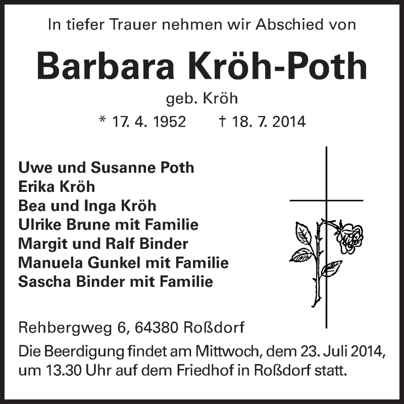  Traueranzeige für Barbara Kröh-Poth vom 21.07.2014 aus Echo-Zeitungen (Gesamtausgabe)