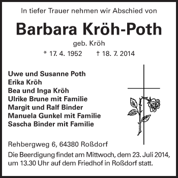 Traueranzeige von Barbara Kröh-Poth von Echo-Zeitungen (Gesamtausgabe)