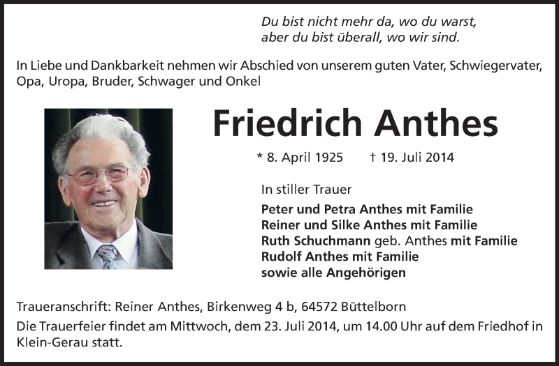  Traueranzeige für Friedrich Anthes vom 21.07.2014 aus Rüsselsheimer Echo, Groß-Gerauer-Echo, Ried Echo