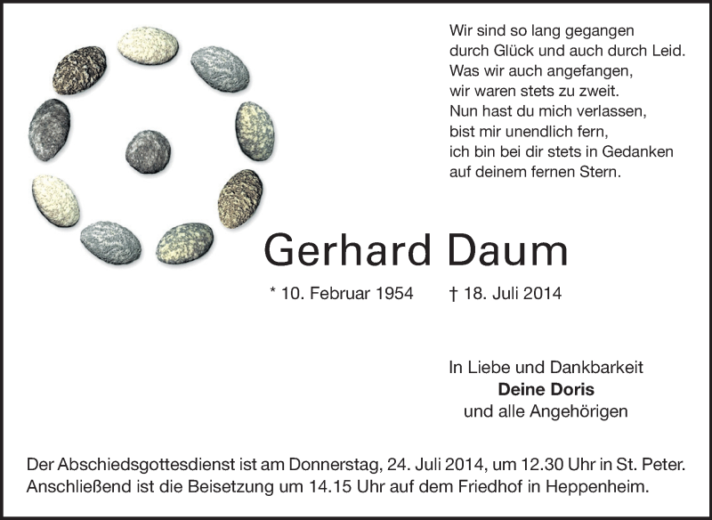  Traueranzeige für Gerhard Daum vom 22.07.2014 aus Starkenburger Echo, Bergsträßer Anzeiger