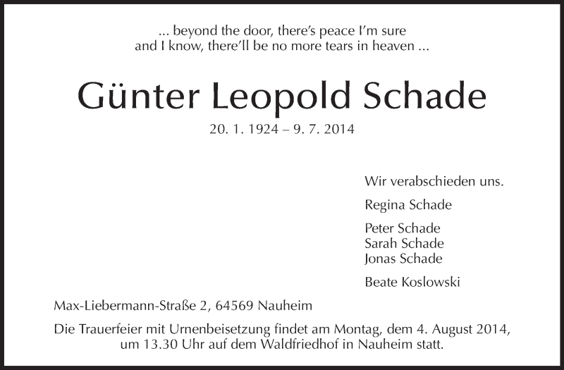  Traueranzeige für Günter Leopold Schade vom 31.07.2014 aus Rüsselsheimer Echo, Groß-Gerauer-Echo, Ried Echo
