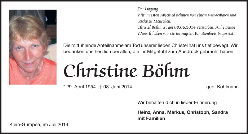  Traueranzeige für Christine Börtm vom 26.07.2014 aus Odenwälder Echo