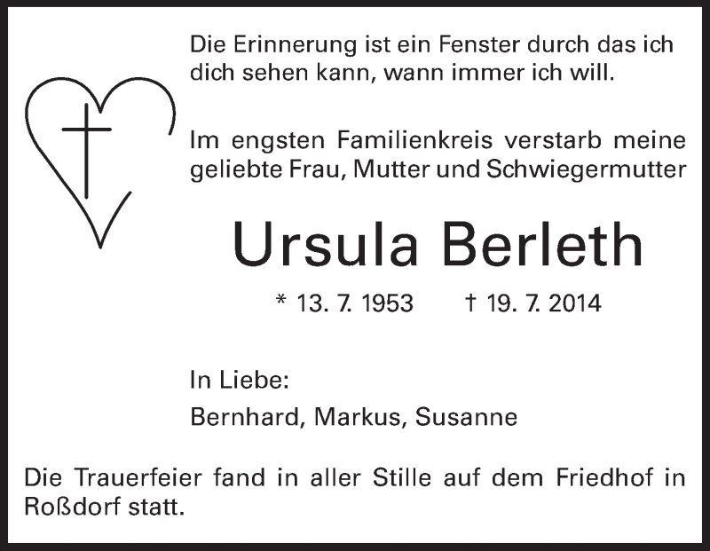  Traueranzeige für Ursula Berleth vom 26.07.2014 aus Echo-Zeitungen (Gesamtausgabe)
