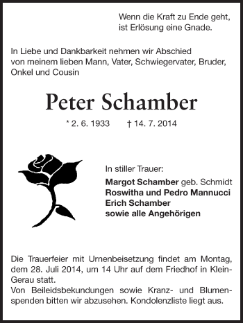 Traueranzeige von Peter Schamber von Rüsselsheimer Echo, Groß-Gerauer-Echo, Ried Echo