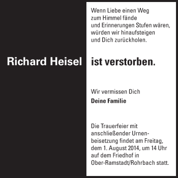 Traueranzeige von Richard Heisel von Echo-Zeitungen (Gesamtausgabe)