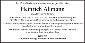 Traueranzeige von Heinrich Allmann von Echo-Zeitungen (Gesamtausgabe)