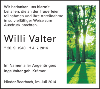 Traueranzeige von Willi Valter von Echo-Zeitungen (Gesamtausgabe)