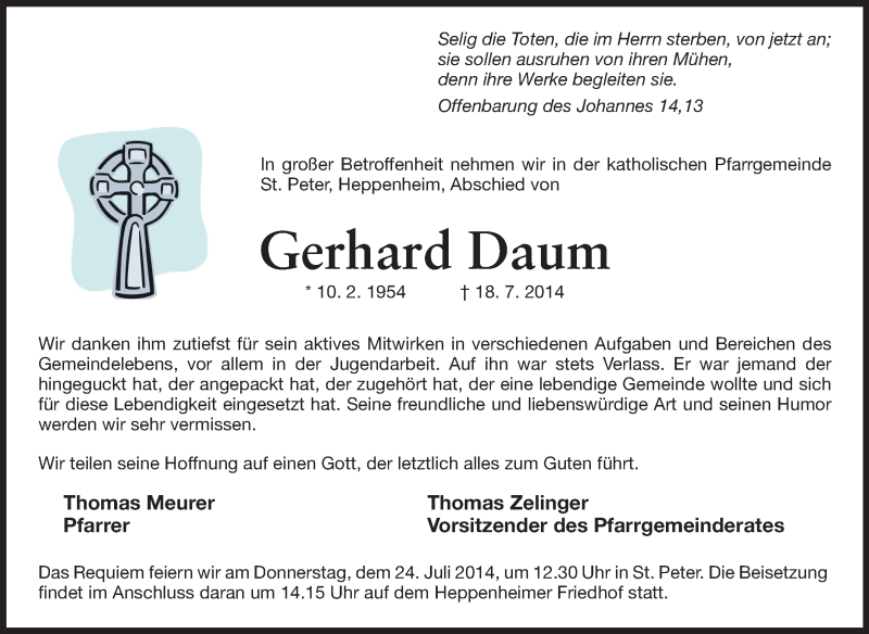  Traueranzeige für Gerhard Daum vom 23.07.2014 aus Starkenburger Echo, Bergsträßer Anzeiger