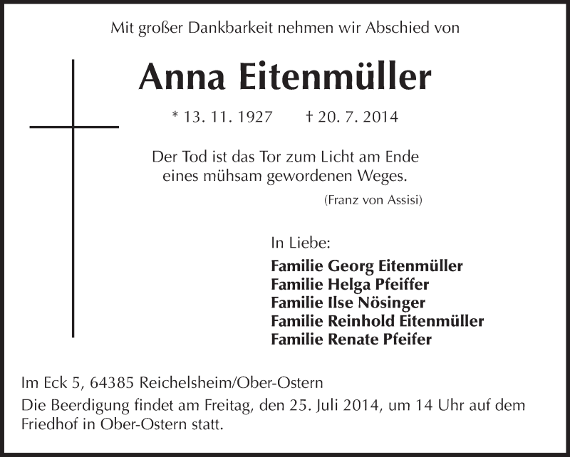  Traueranzeige für Anna Eitenmüller vom 24.07.2014 aus Echo-Zeitungen (Gesamtausgabe)