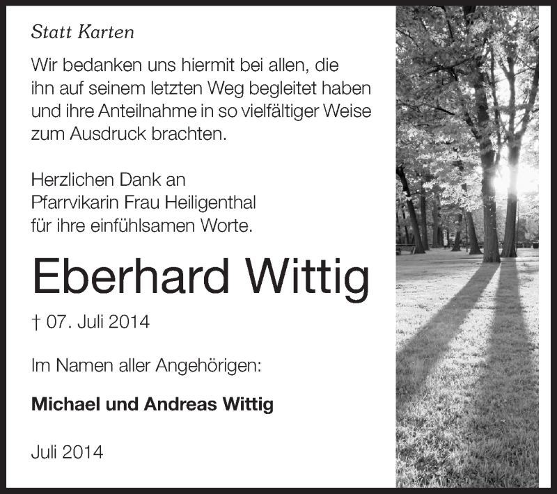  Traueranzeige für Eberhard Wittig vom 26.07.2014 aus Rüsselsheimer Echo, Groß-Gerauer-Echo, Ried Echo