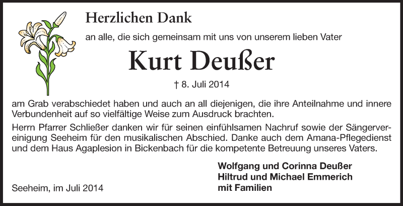  Traueranzeige für Kurt Deußer vom 26.07.2014 aus Echo-Zeitungen (Gesamtausgabe)