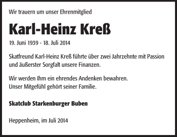 Traueranzeige von Karl-Heinz Kreß von Starkenburger Echo