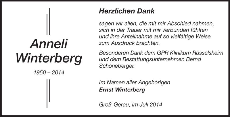  Traueranzeige für Anneli Winterberg vom 29.07.2014 aus Rüsselsheimer Echo, Groß-Gerauer-Echo, Ried Echo