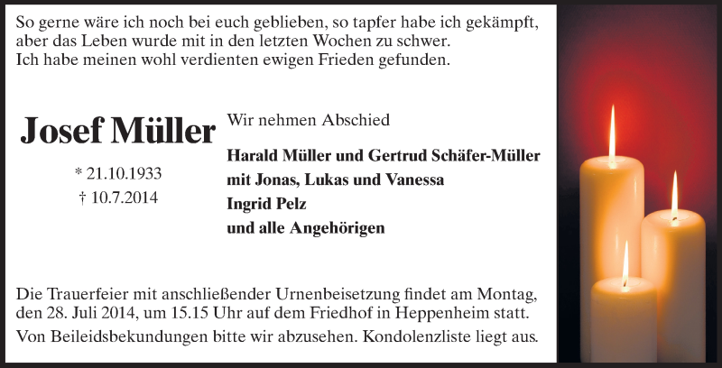  Traueranzeige für Josef Müller vom 24.07.2014 aus Starkenburger Echo